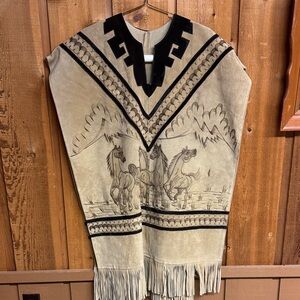 Handcrafted Suede Fringe Poncho with Horse Motif